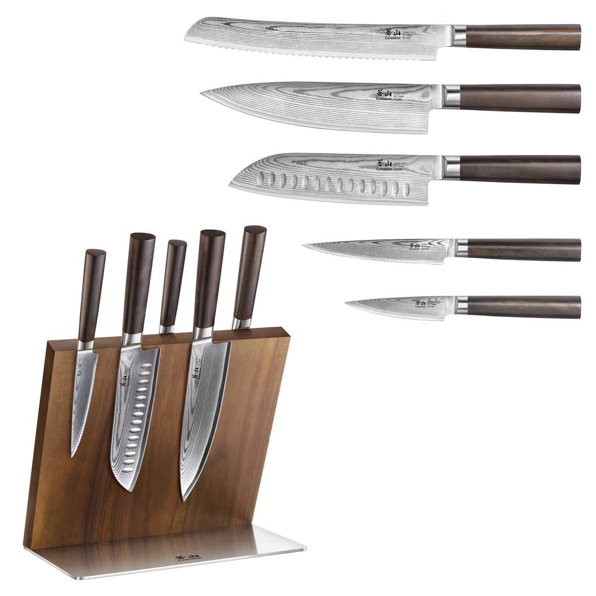 Cangshan Sobu Series 3-piece Damascus Steel Knife Set with Walnut Sheaths