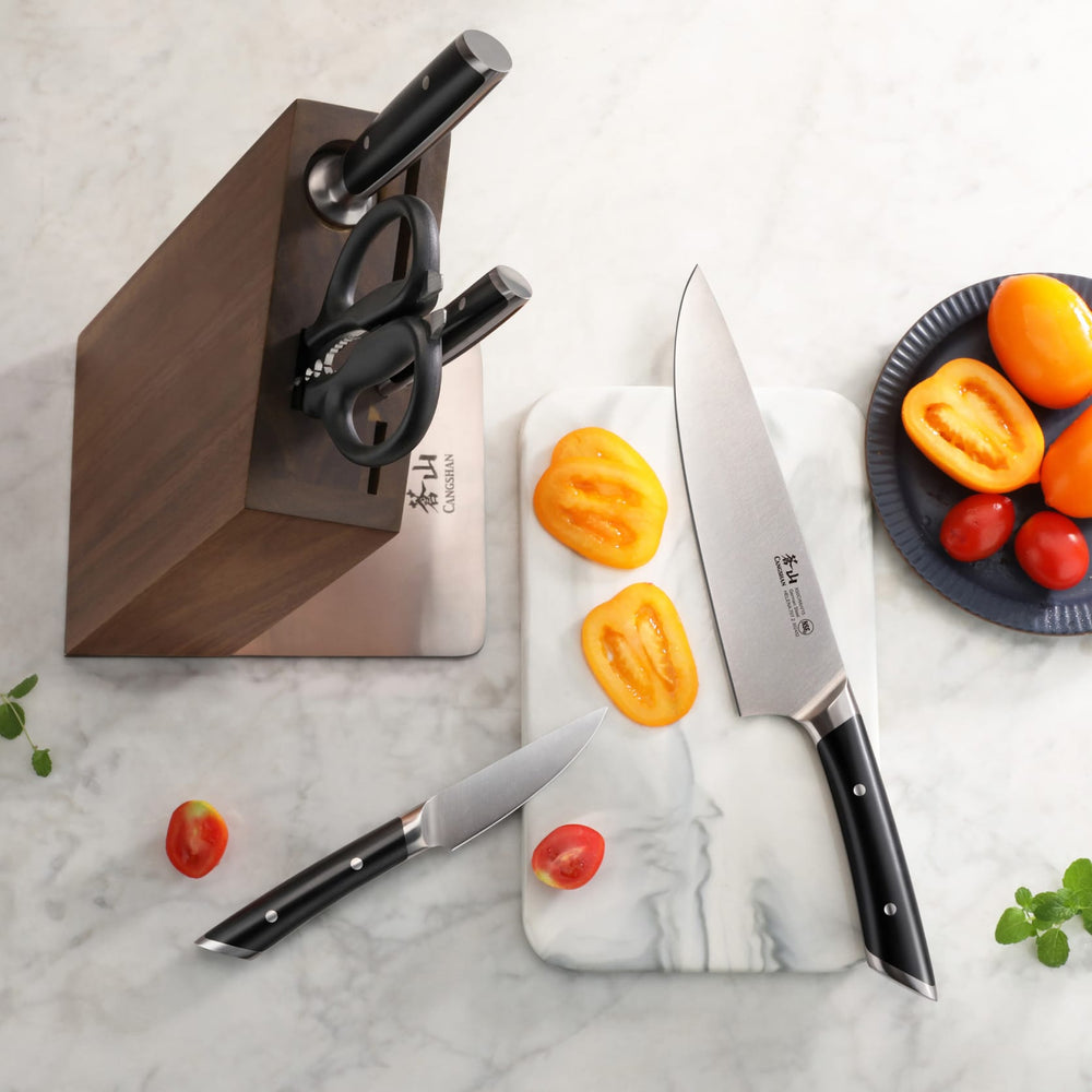 Kitory Chinese Knife Set with Block 5-Piece Kitchen Knife Set Meat Cleaver/Nakiri Knife/Chinese Chef's Knife/Multi-purpose Shears/Universal Black