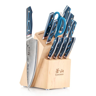 
                    
                      12-piece knife block set with blue handles, including knives and kitchen scissors, in a light maple wood block.
                    
                  