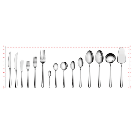 Set of 15 stainless steel flatware pieces including knives, forks, spoons, serving spoon, ladle, and pie server.