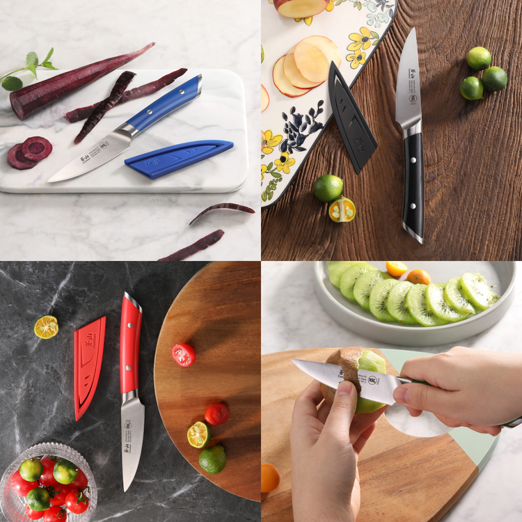Four images showing 3.5-inch paring knives with colored handles and sheaths cutting various fruits and vegetables.