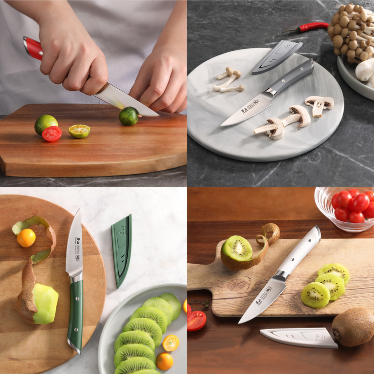Four paring knives with colored handles cutting various fruits and mushrooms on different cutting boards and plates.