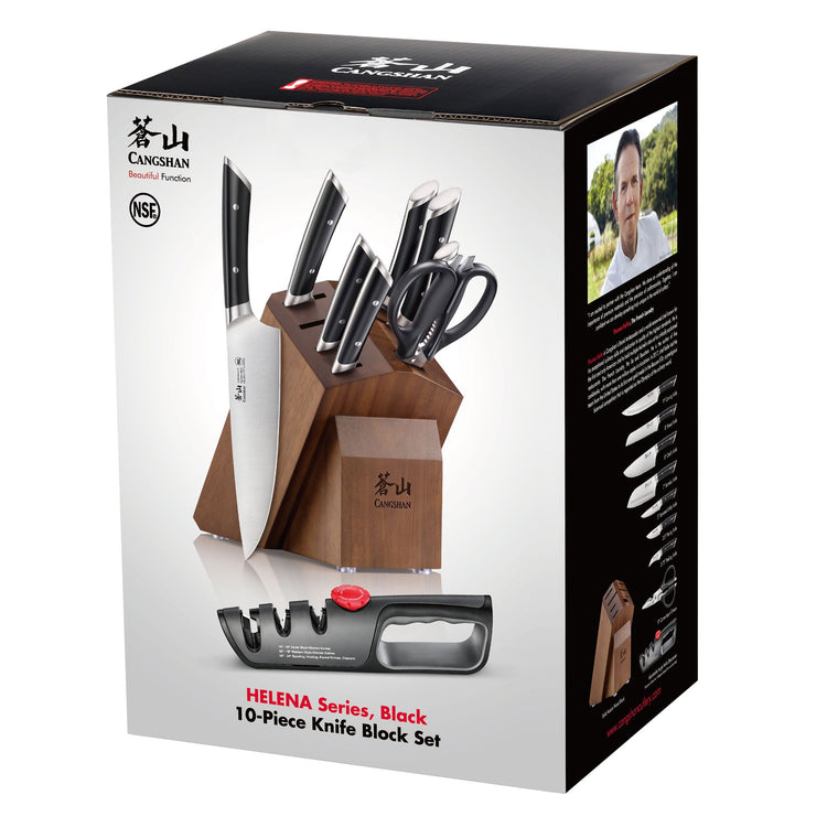 10-piece knife block set with acacia wood block, six knives, kitchen shears, and a black knife sharpener.