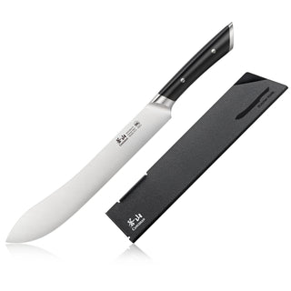 
                    
                      10-inch butcher knife with a curved stainless steel blade and black ergonomic handle, next to a black protective sheath.
                    
                  