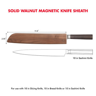 
                    
                      Walnut magnetic knife sheath measuring 11.6 by 2.05 inches, designed for 10-inch slicing, bread, or sashimi knives.
                    
                  