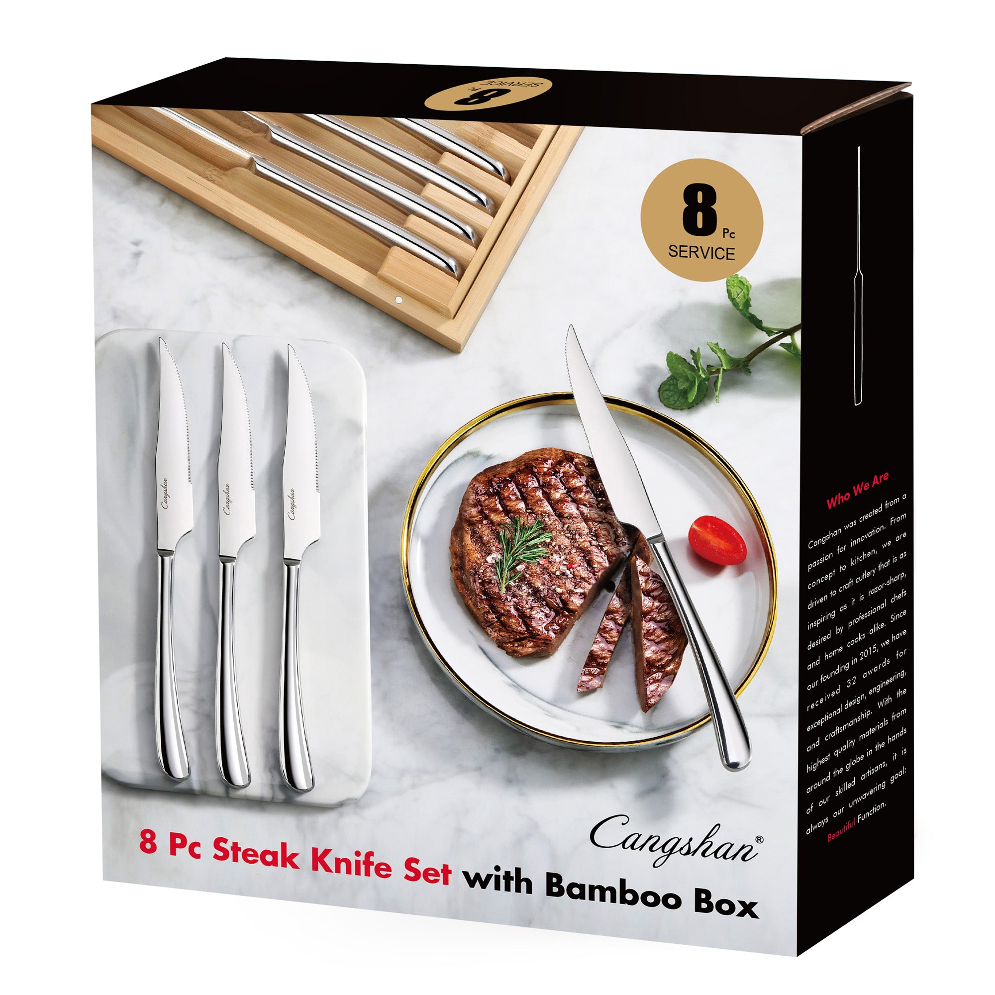 RAIN II Series 8-Piece Forged Steak Knife Set, 420 Stainless Steel in Bamboo Storage Box, 1027044