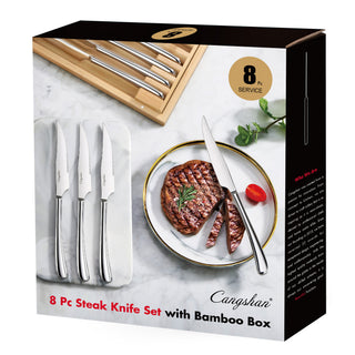 
                    
                      Eight-piece steak knife set with stainless steel blades and handles, displayed with a bamboo storage box and a steak on a pla
                    
                  