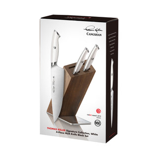 
                    
                      Knife block set with three stainless steel knives in a dark wood angled holder, displayed on product packaging.
                    
                  
