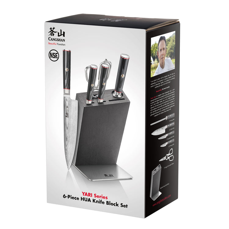 YARI Series 6-piece knife block set with four knives and kitchen shears in a black HUA ash wood block.