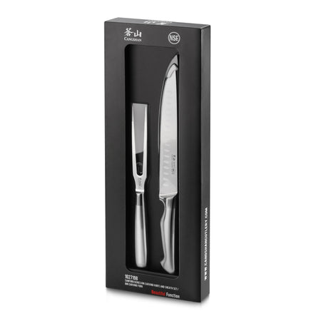 Two-piece carving set with a carving knife and fork, both with stainless steel blades and handles, in black packaging.