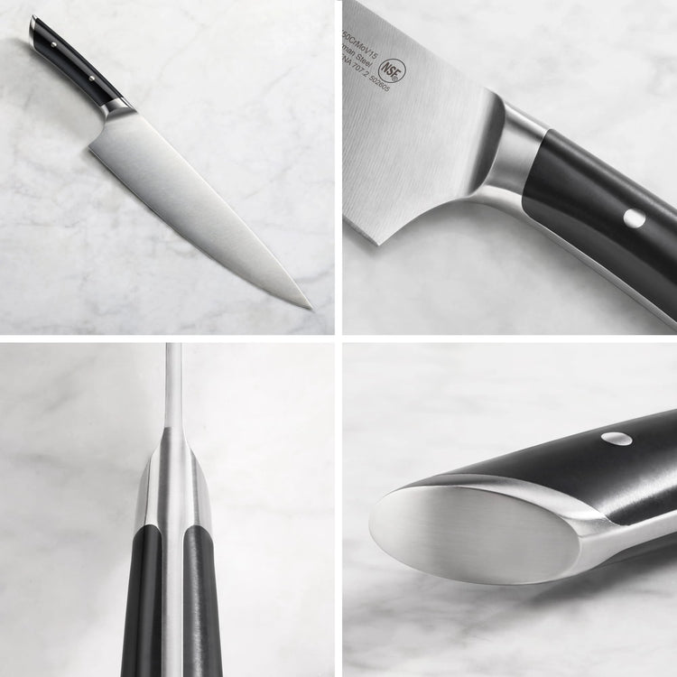 10-inch chef's knife with black handle, forged German steel blade, and polished metal bolster and end cap.