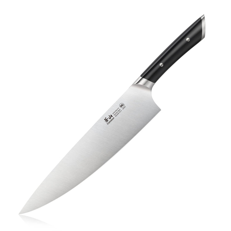 10-inch chef's knife with a black handle and stainless steel blade, featuring rivets on the handle.