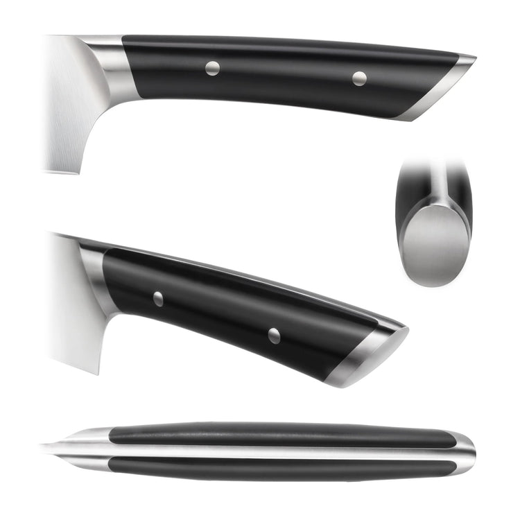 Black chef knife handle with stainless steel bolsters and rivets shown from multiple angles.