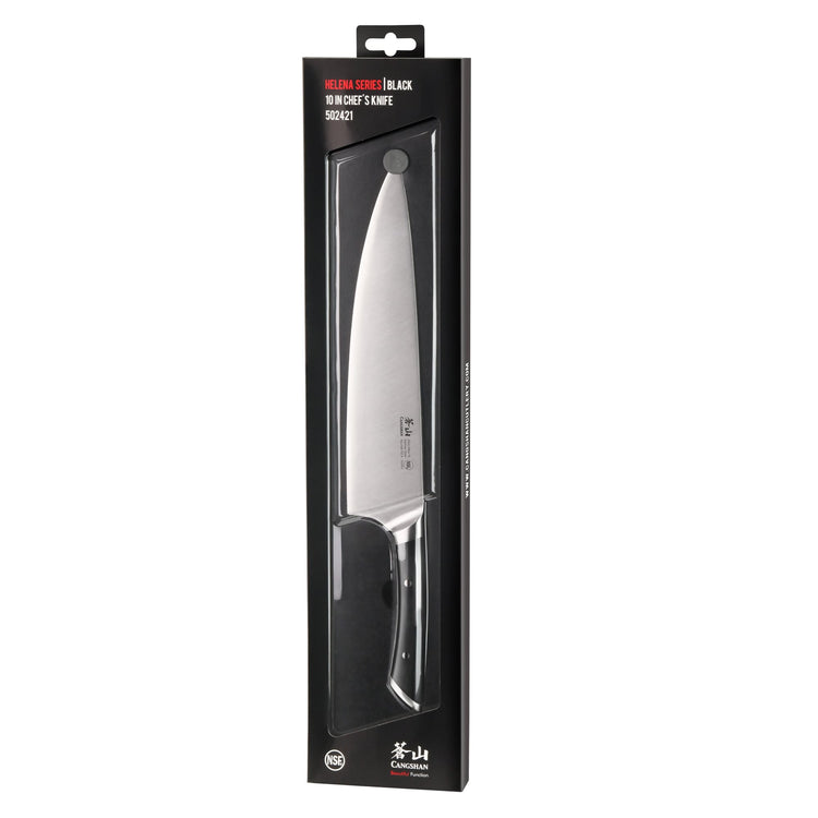HELENA Series 10-Inch Chef's Knife with black handle, forged German steel blade in retail packaging.