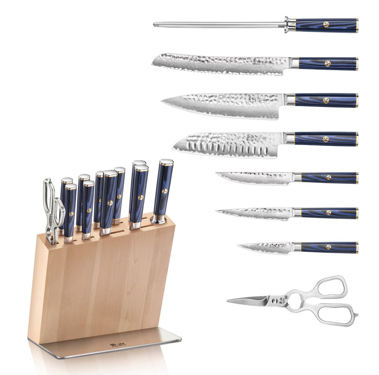 Set of eight knives with blue handles, kitchen shears, and a wooden block with metal base for storage.