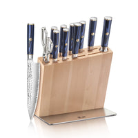 Knife block set with eight knives, kitchen shears, and a wooden block with a metal base.