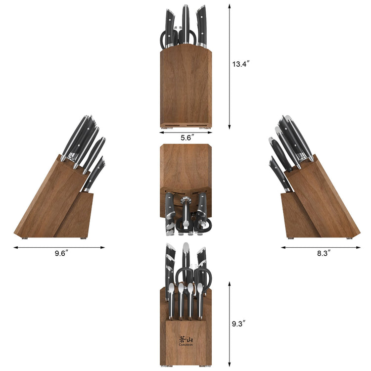 Wooden knife block with 12 knives and kitchen tools, shown from multiple angles with dimensions.