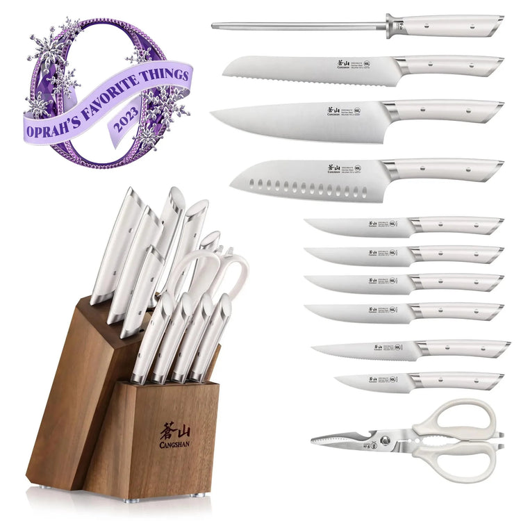 12-piece knife set with white handles, including various knives, sharpening steel, scissors, and acacia wood block.