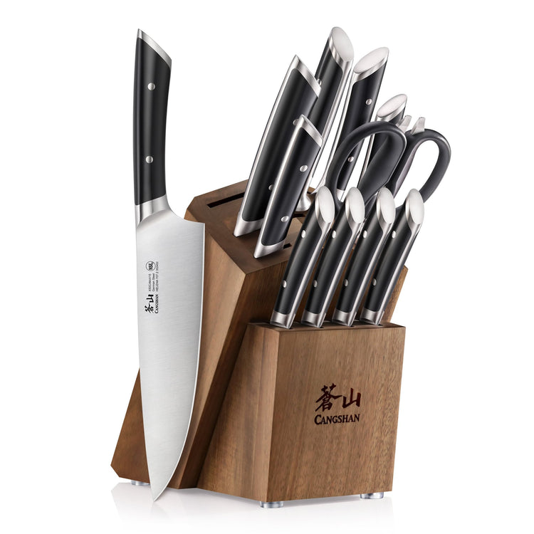 12-piece knife set with black handles in a wooden block, including kitchen scissors and various knife types.