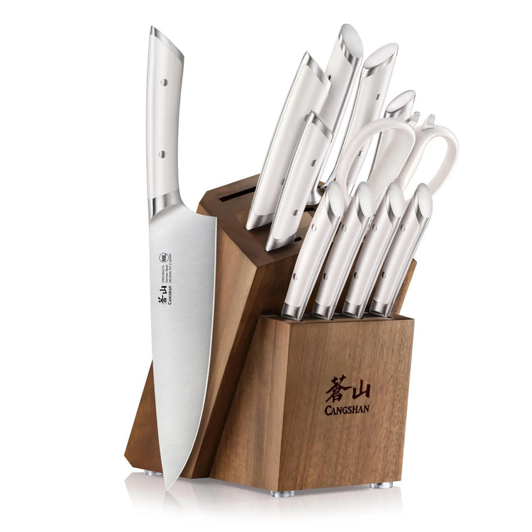 12-piece knife set with stainless steel blades and handles, stored in a wooden block with a logo.