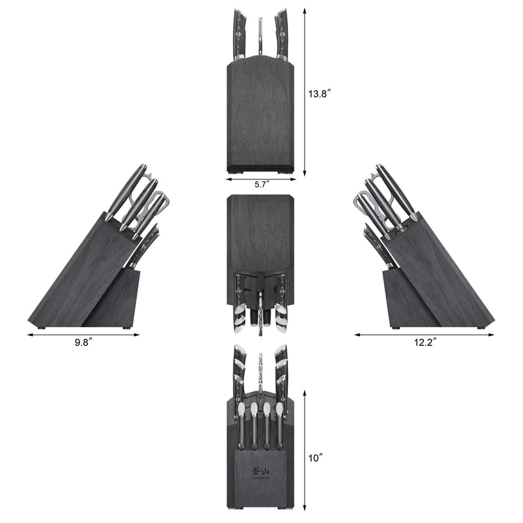 Knife block set with 12 knives, shown from multiple angles with dimensions: 13.8" height, 9.6" and 12.2" width, 5.7" depth.