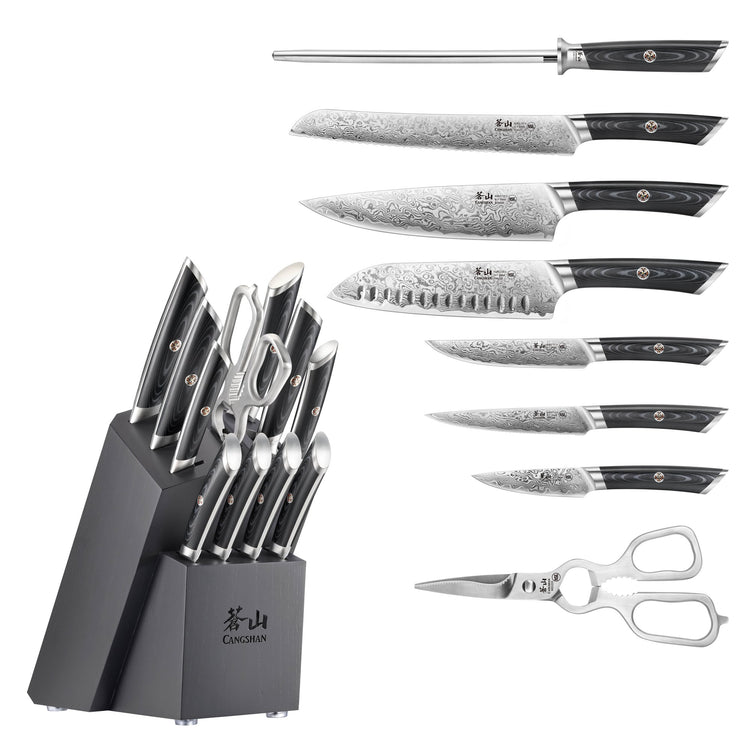 12-piece knife set with patterned blades, black handles, sharpening steel, kitchen scissors, and black knife block.