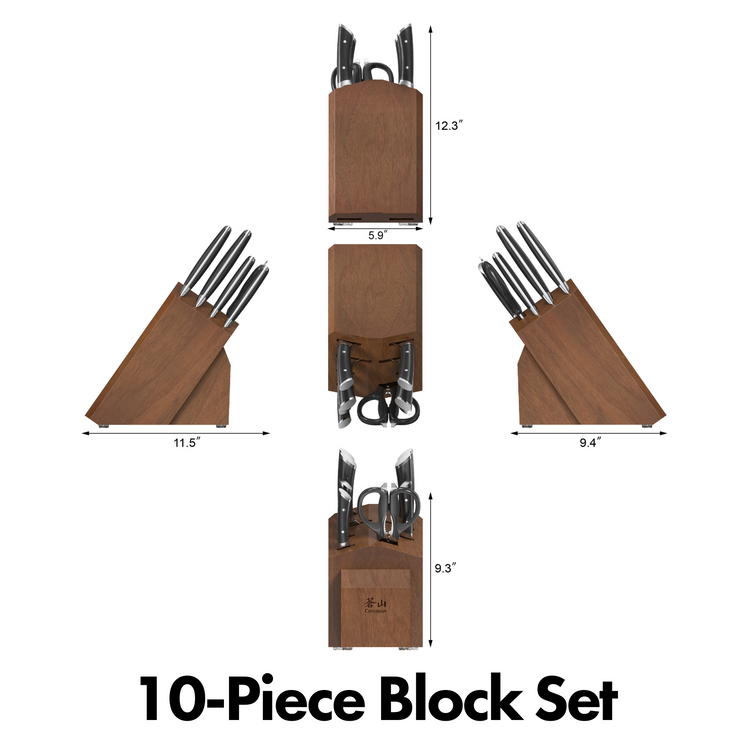 Wooden knife block with ten knives and scissors, shown from multiple angles with dimensions.