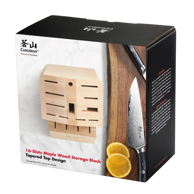 Maple wood knife block with 16 slots and tapered top design shown on product packaging.