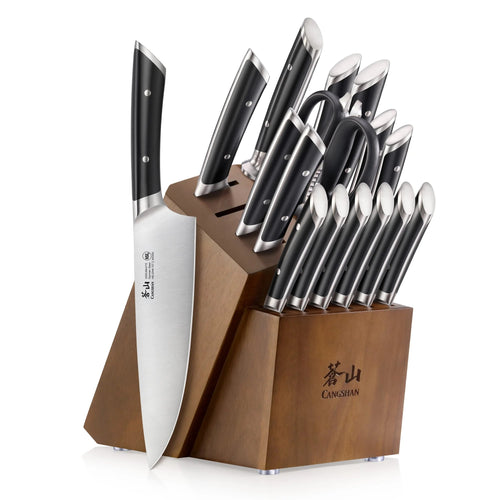 Wooden knife block holding 17 knives with black handles and stainless steel blades, arranged in two tiers.