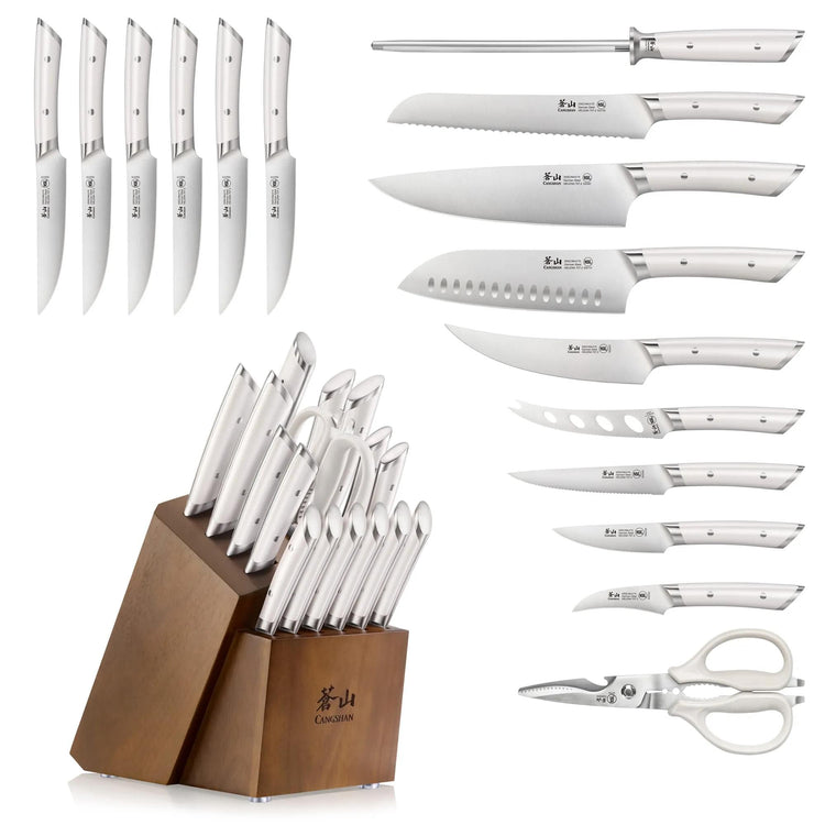 17-piece knife set with various blade types, kitchen shears, and acacia wood block, all with white handles.