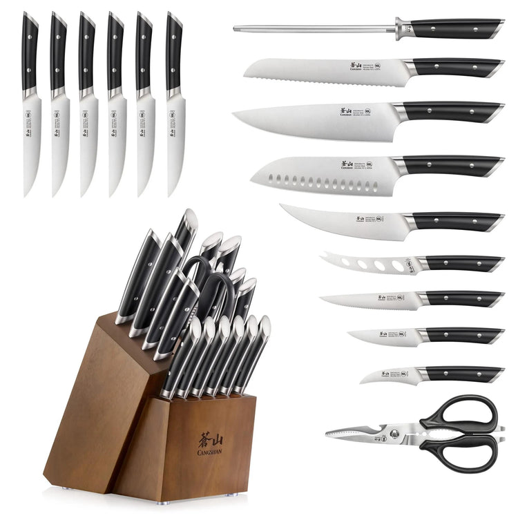 17-piece knife set with various blade types, kitchen shears, and an acacia wood block for storage.
