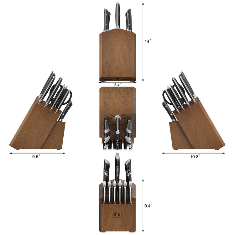 Wooden knife block with 17 knives and kitchen tools, shown from multiple angles with dimensions.