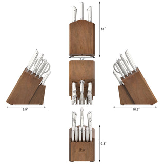 
                    
                      Wooden knife block with 17 stainless steel knives, shown from multiple angles with dimensions.
                    
                  