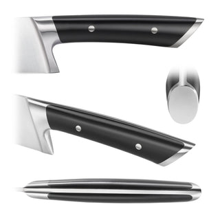 
                    
                      Black knife handle with silver rivets and metal bolster shown from multiple angles on white background.
                    
                  