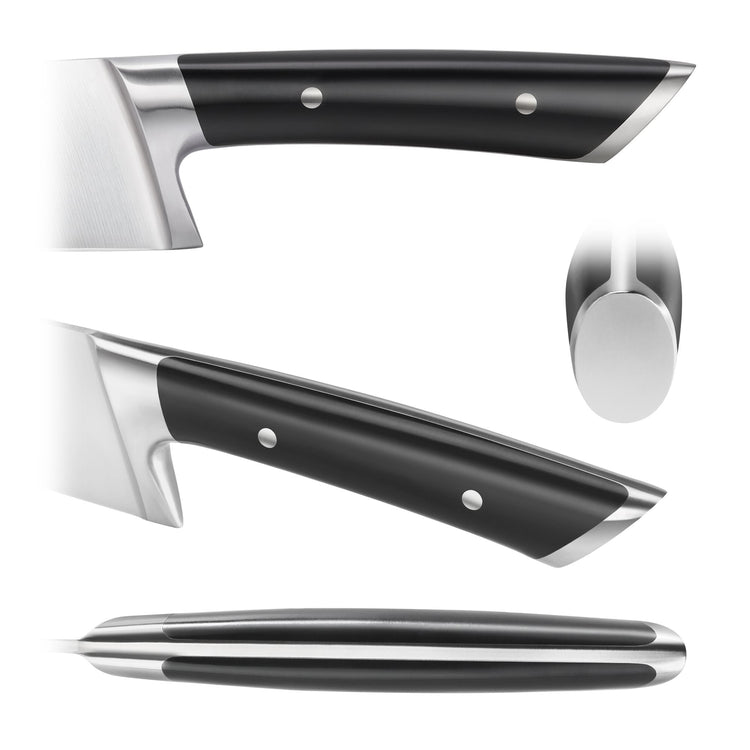 Black knife handle with silver rivets and metal bolster shown from multiple angles on white background.
