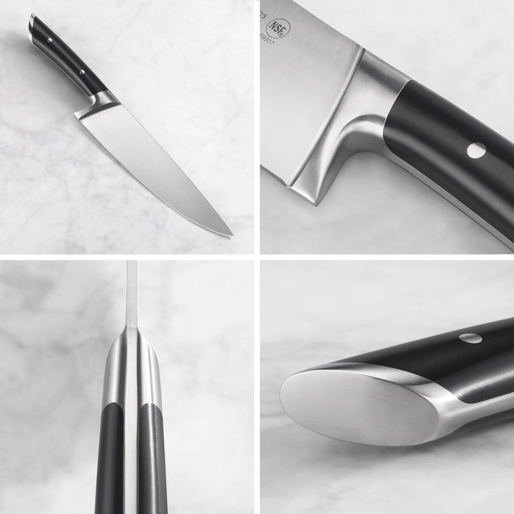Chef's knife with black handle and stainless steel blade shown from multiple angles on a light surface.