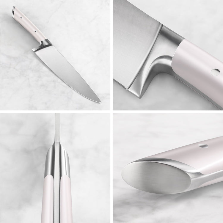 Close-up views of a chef's knife with a light-colored handle and stainless steel blade on a marble surface.