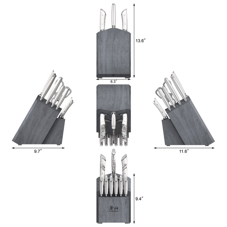Wooden knife block with seven stainless steel knives, shown from five angles with dimensions.