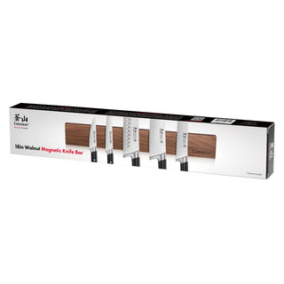 
                    
                      Packaging box showing an 18-inch walnut magnetic knife bar holding five kitchen knives.
                    
                  