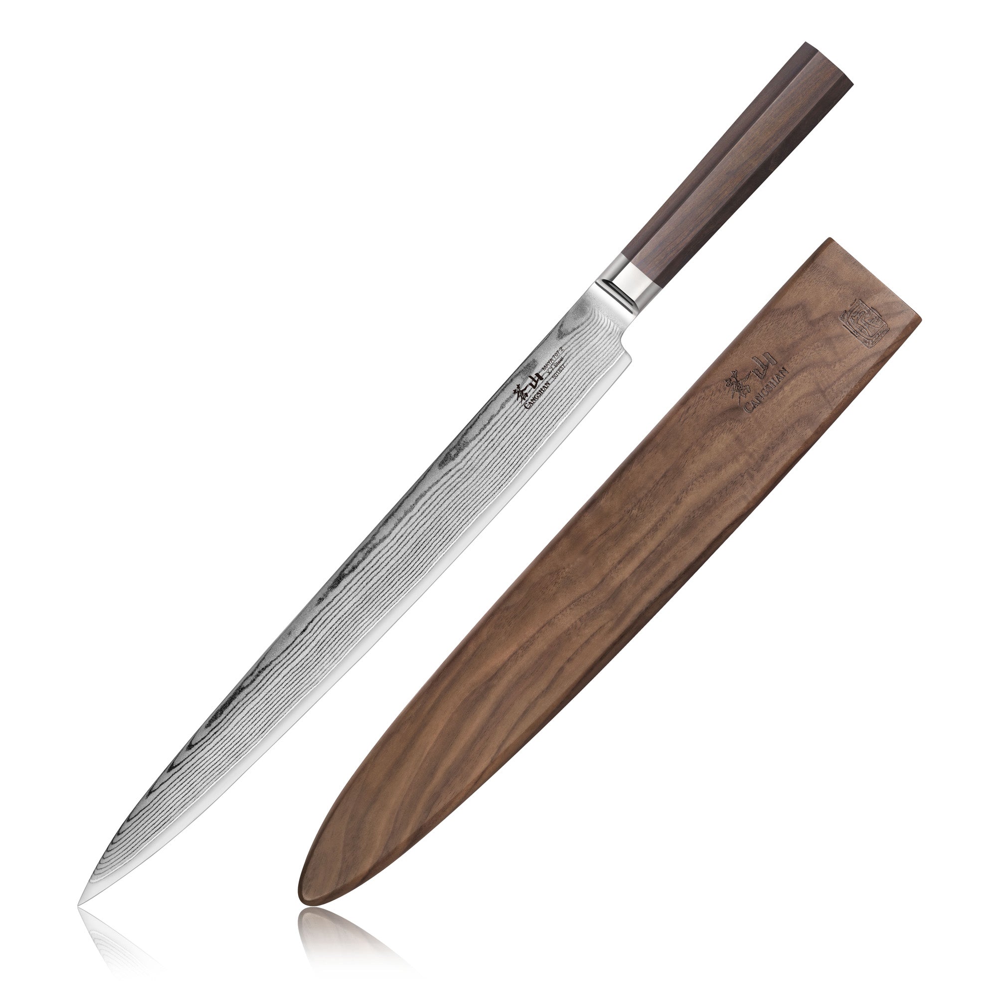 12-inch Damascus steel sashimi knife with a wooden handle and matching wooden sheath.