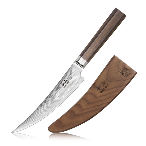 6-inch Damascus steel boning knife with a wooden handle and matching wooden sheath.
