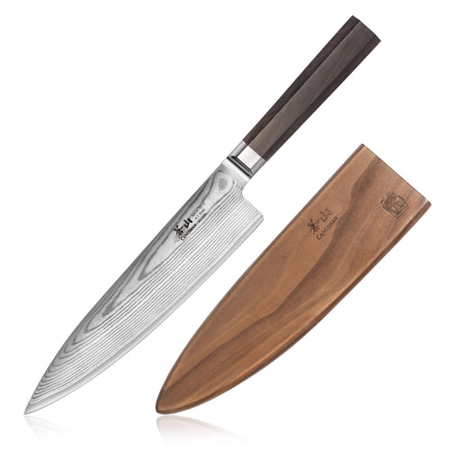 8-inch Damascus steel chef's knife with a dark wooden handle and a matching wooden sheath.