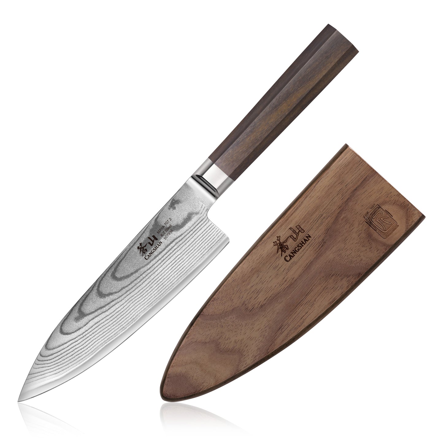 MAYA Series 6-inch X-7 Damascus steel chef's knife with dark wood handle and matching wooden sheath.