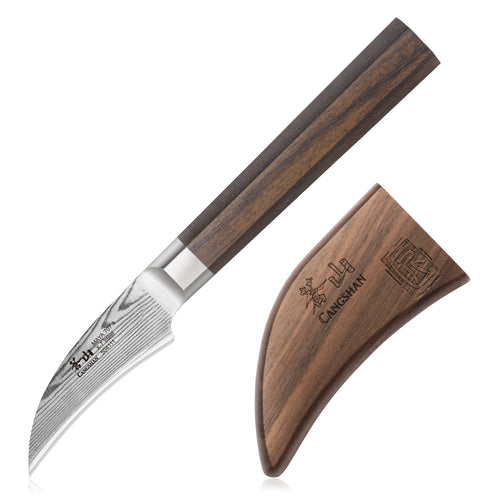 Peeling knife with a curved Damascus steel blade and a dark wooden handle, alongside a wooden sheath with engraved text.