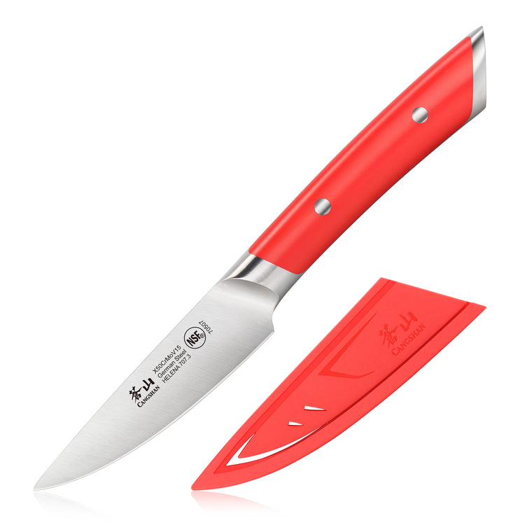 3.5-inch paring knife with red handle and matching red protective sheath, forged German steel blade.