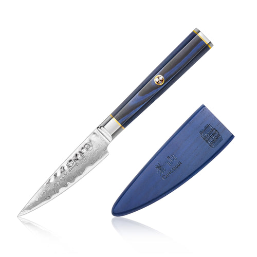 3.5-inch paring knife with patterned blade and blue handle, next to a matching blue sheath.