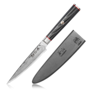 
                    
                      5-inch serrated utility knife with patterned Damascus steel blade and black handle, next to a gray protective sheath.
                    
                  