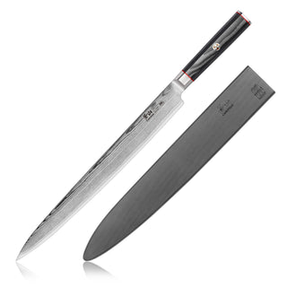 
                    
                      12-inch sashimi knife with patterned Damascus steel blade and black sheath with embossed logo.
                    
                  