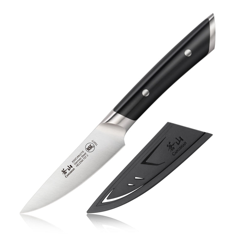 3.5-inch paring knife with black handle and stainless steel blade, shown with a black protective sheath.
