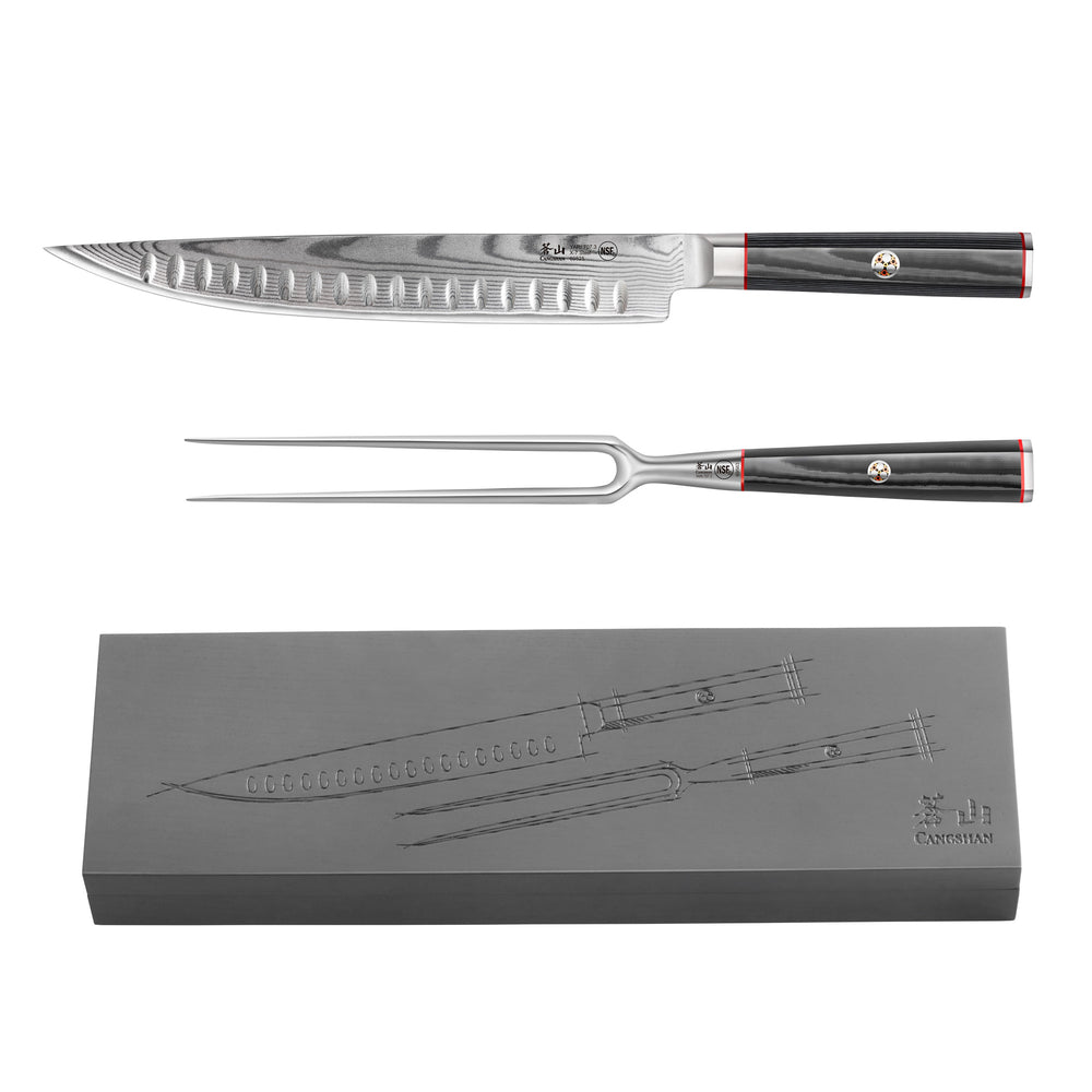 
                  
                    Load image into Gallery viewer, Cangshan YARI Series 501332 X-7 Damascus Steel 2-Piece Carving Set with Ash Wood Box
                  
                